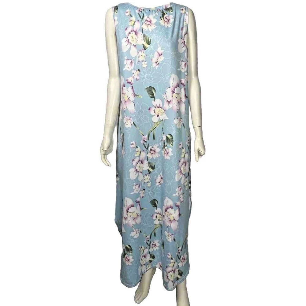 Hount Maxi‎ Dress Blue Floral Tank Large Pockets Side Slits Stretch Sundress